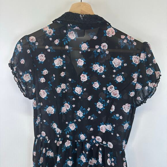 Hot Topic Floral Button-Down Black Chiffon Lace Collar Mini Dress Womens Size M - Picture 11 of 15